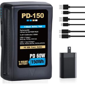 بطارية V Mount بقدرة 99 وات في الساعة (6700 مللي أمبير في الساعة) 14.8 فولت تدعم PD 65 وات USB-C شاحن سريع، مع D-TAP، USB-A، منفذ USB-C، بطارية V-Mount لكاميرا الإضاءة LED وكاميرا الفيديو وبث الفيديو MacBook والهواتف الذكية