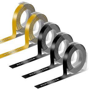 Embossing Label Tape Compatible with Dymo Embossing Label Maker Refills, 3/8" Plastic 3D Embossing Tape for Dymo Organizer Xpress Pro Office Mate II 1540,Omega S, White on Black/Gold, 5-Pack