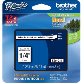 Genuine Brother 1/4" (6mm) Black on White TZe P-Touch Tape for Brother PT-1700, PT1700 Label Maker