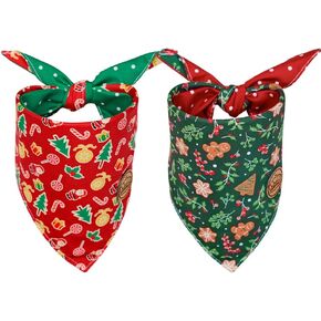 CROWNED BEAUTY Christmas Dog Bandanas Reversible Large 2 Pack, Gingerbread Delight Set, Polka Dots Adjustable Triangle Holiday Scarves for Medium Large Extra Large Dogs Boy Girl Pets DB138-L