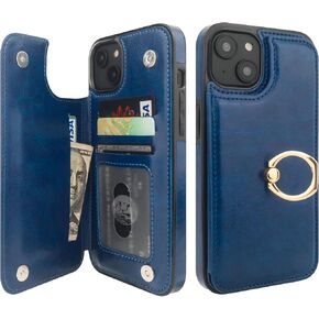for iPhone 14 Plus Wallet Case with Card Holder, 360° Rotation Ring Kickstand RFID Blocking PU Leather Double Magnetic Clasp Shockproof Cover for Women and Girls 6.7 Inch (White)