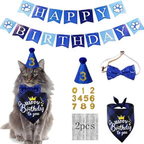 Cat Birthday Party Supplies, Cat Birthday Bandana Scarf, Cat Birthday Boy Hat Bow Tie with 0-9 Number, 2 Pack Backdrop Cat Birthday Sign Banner for Cat Kitten Birthday Outfits Decorations (Blue)