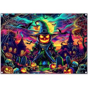 ZTHMOE Fabric 7x5ft Colorful Halloween Pumpkin Photography Backdrop Scary Moon Skull Graveyard Background Spooky Party Decorations Photo Booth Banner