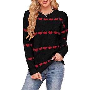 ECOWISH Women Valentine Heart Sweater V Neck Embroidery Knit Loose Casual Long Sleeve Ribbed Pullover Sweaters