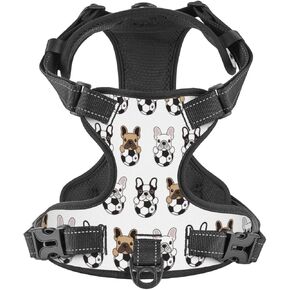 No Pull Dog Harness for Small Dogs Easy Walk Dog Vest Adjustable Collars Harnesses & Leashes Set Breathable Oxford Outdoor Walking Safety Reflective Strip Cute French Bulldog Soccer Prints