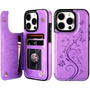 Vaburs Compatible with iPhone 16 Pro Case Wallet with Card Holder,Embossed Butterfly Pattern PU Leather Double Buttons Flip Protective Shockproof Cover for Magnetic Car Mount 6.3 Inch (Blue)