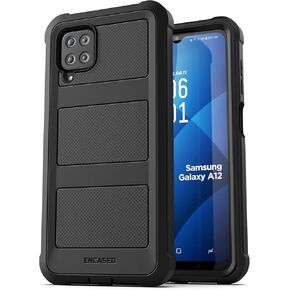 Encased Falcon Designed for Samsung Galaxy A12 Belt Clip Case, Full Body Protective Phone Case with Holster (Black)