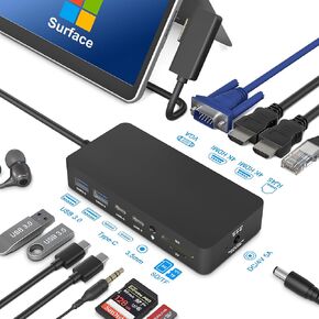 Microsoft Surface Docking Station Triple Displays Dual HDMI+VGA, 12 in 1 Surface Dock for Surface Pro 11/10/9/8/X/7/6/5/4/3, Surface Laptop 6/5/4/3/2/1, Surface Laptop Go 3/2/1, Surface Book 3/2/1