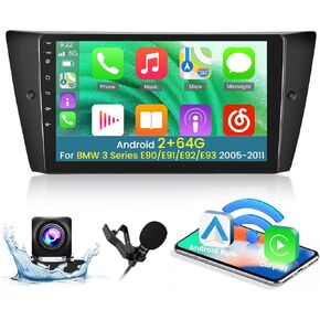 [2+64G] Android Car Radio for BMW 3 Series 328i 335i 325i (E90/E91/E92/E93) 2005-2011 - Wireless Carplay and Android Auto - 9 Inch Car Stereo with Multiple UI/GPS/WiFi/SWC + AHD Backup Camera
