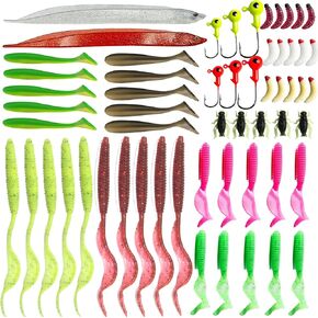 Soft Plastic Fishing Lures Baits Kit Including Paddle Tail Swimbaits Lures Soft Plastic Worms Weighted Hooks for Bass Saltwater Freshwater (59 Pcs)