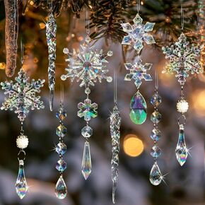 18pcs Christmas Tree Decoration Crystal Ornaments - Hanging Acrylic Christmas Snowflake Icicle Drop Crystal Ornaments for Christmas Tree Winter New Year Party Supplies