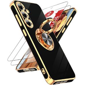 LeYi for Samsung Galaxy S24-FE Case: with 2 Pack Tempered Glass Screen Protector and 360° Rotatable Ring Holder Magnetic Kickstand, Plating Rose Gold Edge Funda para Galaxy S24FE 5G Case, Black