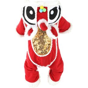 SEIS Lion Dance Dog Four-Legged Costume New Year Pet Clothes Cute Cat Tang Suit Winter Teddy Hoodies for Cats Teddy Bichon Small Medium Dogs (XS (Chest Circumference 42cm/ 16.5"))