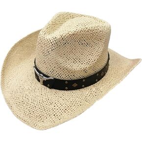 Straw Cowboy Hat for Women Men, Retro Western Cowgirl Hat with Band Wide Brim Summer Beach Sun Cap