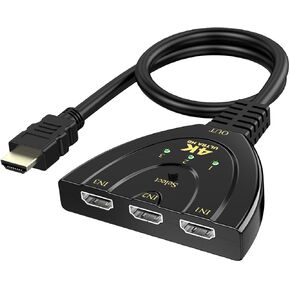 HDMI Switch 3 in 1 Out, 4K HDMI Splitter 3-Port HDMI Switcher Selector with HDMI Cable Support Full HD 4K 1080P 3D Compatible with Fire Stick, HDTV, PS4 Game Console, PC