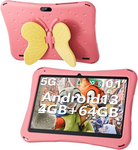 SGIN Tablet for Kids, 10 Inch Android 13 Kids Tablet with Case, 4(2+2) GB RAM 64GB ROM, 5000mAh, 1280 * 800 Display, Dual Camera, WiFi, KIDOZ Pre-Installed Toddlers Tablet, Yellow Butterfly Handle in Kuwait