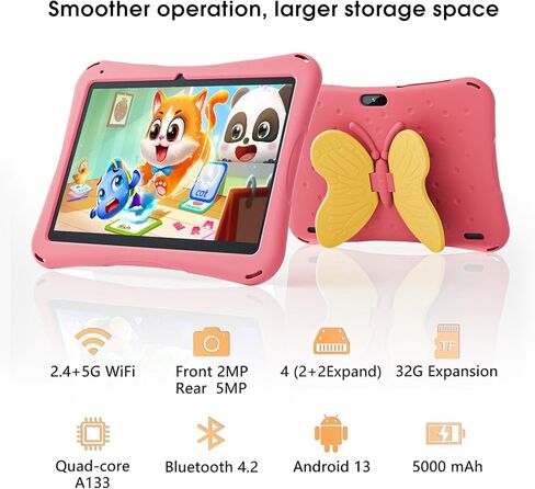 SGIN Tablet for Kids, 10 Inch Android 13 Kids Tablet with Case, 4(2+2) GB RAM 64GB ROM, 5000mAh, 1280 * 800 Display, Dual Camera, WiFi, KIDOZ Pre-Installed Toddlers Tablet, Yellow Butterfly Handle in Kuwait
