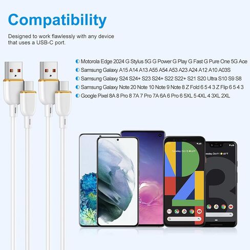 كابل USB من النوع C شحن سريع لهاتف Google Pixel 9 Pro XL Fold 8A 8 7 Pro 7A 6A 5A، 2 حزمة USB A إلى USB C Android Phone سلك شحن سريع لهاتف Samsung Galaxy A16 S24 S23 S22 S21 A15 A14 A13 Z Fold Flip 6 in Kuwait