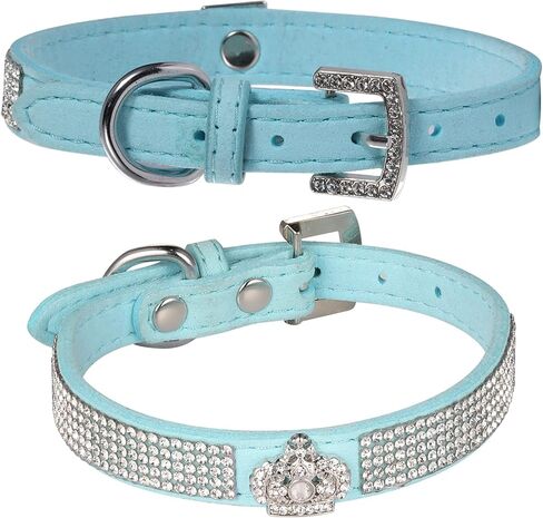 Dog Collar,Cat Collar,Luxury Sparkly Silver Buckle and Bling Diamond with Rhinestone Crown Decoration Velvet Leather Collars for Small Dog Medium Cat Puppies (XS, Blue) in Saudi Arabia