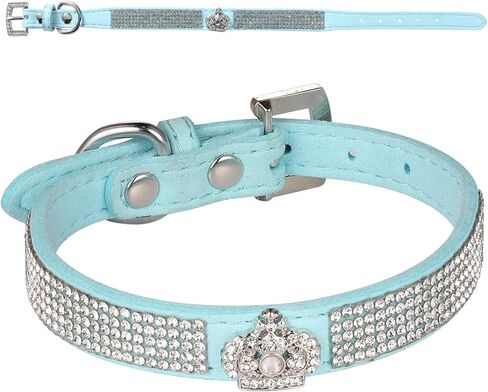 Dog Collar,Cat Collar,Luxury Sparkly Silver Buckle and Bling Diamond with Rhinestone Crown Decoration Velvet Leather Collars for Small Dog Medium Cat Puppies (XS, Blue) in Saudi Arabia