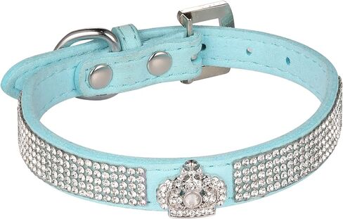 Dog Collar,Cat Collar,Luxury Sparkly Silver Buckle and Bling Diamond with Rhinestone Crown Decoration Velvet Leather Collars for Small Dog Medium Cat Puppies (XS, Blue) in Saudi Arabia