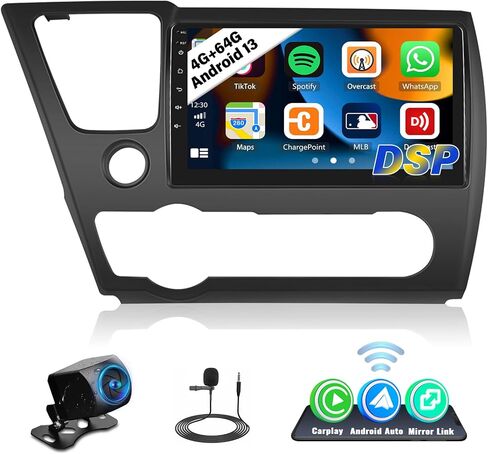 راديو ستيريو للسيارة UNITOPSCI 4G+64G Android لسيارة Honda Civic 2013-2017 Wireless CarPlay Android Auto Bluetooth 5.0 GPS Mirror Link 9 بوصة 1280 * 720 شاشة تعمل باللمس DSP 32 EQ FM/RDS WiFi كاميرا احتياطية ميكروفون in Saudi Arabia