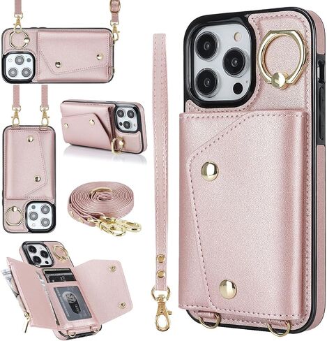 LUVI Compatible with iPhone 16 Pro Max Wallet Case with Card Holder Crossbody Neck Strap Lanyard Wrist Strap Purse for Women PU Leather Flip Case with Credit Card Kickstand Stand Case Rose Gold in Kuwait