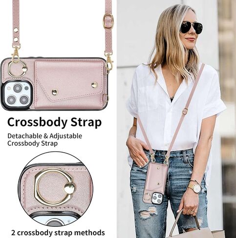 LUVI Compatible with iPhone 16 Pro Max Wallet Case with Card Holder Crossbody Neck Strap Lanyard Wrist Strap Purse for Women PU Leather Flip Case with Credit Card Kickstand Stand Case Rose Gold in Kuwait