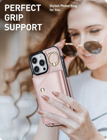 LUVI Compatible with iPhone 16 Pro Max Wallet Case with Card Holder Crossbody Neck Strap Lanyard Wrist Strap Purse for Women PU Leather Flip Case with Credit Card Kickstand Stand Case Rose Gold in Kuwait