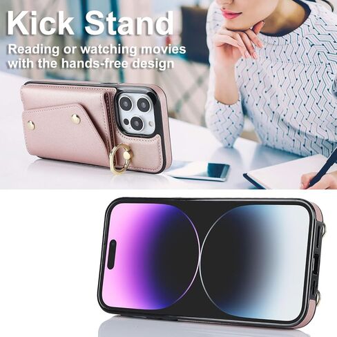 LUVI Compatible with iPhone 16 Pro Max Wallet Case with Card Holder Crossbody Neck Strap Lanyard Wrist Strap Purse for Women PU Leather Flip Case with Credit Card Kickstand Stand Case Rose Gold in Kuwait