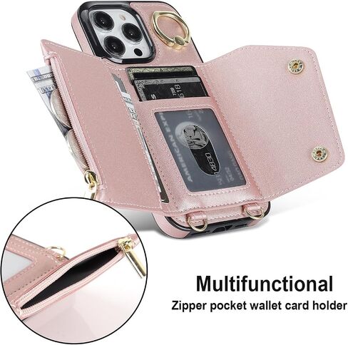 LUVI Compatible with iPhone 16 Pro Max Wallet Case with Card Holder Crossbody Neck Strap Lanyard Wrist Strap Purse for Women PU Leather Flip Case with Credit Card Kickstand Stand Case Rose Gold in Kuwait