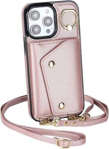 LUVI Compatible with iPhone 16 Pro Max Wallet Case with Card Holder Crossbody Neck Strap Lanyard Wrist Strap Purse for Women PU Leather Flip Case with Credit Card Kickstand Stand Case Rose Gold in Kuwait