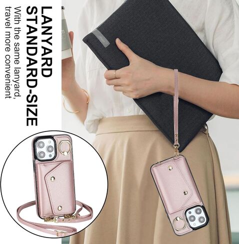 LUVI Compatible with iPhone 16 Pro Max Wallet Case with Card Holder Crossbody Neck Strap Lanyard Wrist Strap Purse for Women PU Leather Flip Case with Credit Card Kickstand Stand Case Rose Gold in Kuwait