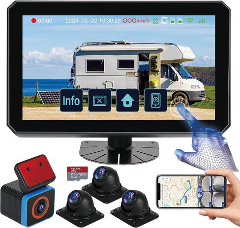 6CH AI WiFi GPS Sentry Mode RV نظام الكاميرا الاحتياطية 10.1 بوصة شاشة تعمل باللمس مع 4 كاميرا رؤية جانبية خلفية 1080P، تسجيل DVR المحمول عرض مباشر على التطبيق/الويب/الكمبيوتر الشخصي لأسطول شاحنة مقطورة الجرار in Kuwait