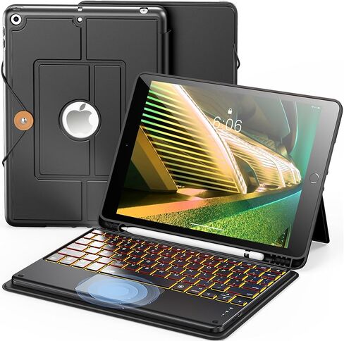 حافظة لوحة مفاتيح INFILAND لجهاز iPad الجيل التاسع/الثامن/السابع (10.2 بوصة)، إضاءة خلفية 7 ألوان ولوحة تتبع عالية الدقة، حافظة لوحة مفاتيح رفيعة ومحمولة قابلة للفصل مع حامل أقلام رصاص، فحمي in Kuwait