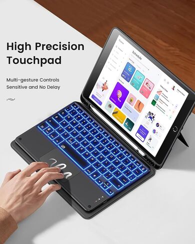 حافظة لوحة مفاتيح INFILAND لجهاز iPad الجيل التاسع/الثامن/السابع (10.2 بوصة)، إضاءة خلفية 7 ألوان ولوحة تتبع عالية الدقة، حافظة لوحة مفاتيح رفيعة ومحمولة قابلة للفصل مع حامل أقلام رصاص، فحمي in Kuwait