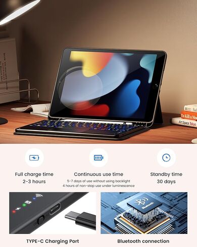 حافظة لوحة مفاتيح INFILAND لجهاز iPad الجيل التاسع/الثامن/السابع (10.2 بوصة)، إضاءة خلفية 7 ألوان ولوحة تتبع عالية الدقة، حافظة لوحة مفاتيح رفيعة ومحمولة قابلة للفصل مع حامل أقلام رصاص، فحمي in Kuwait