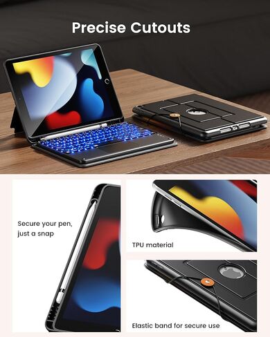 حافظة لوحة مفاتيح INFILAND لجهاز iPad الجيل التاسع/الثامن/السابع (10.2 بوصة)، إضاءة خلفية 7 ألوان ولوحة تتبع عالية الدقة، حافظة لوحة مفاتيح رفيعة ومحمولة قابلة للفصل مع حامل أقلام رصاص، فحمي in Kuwait