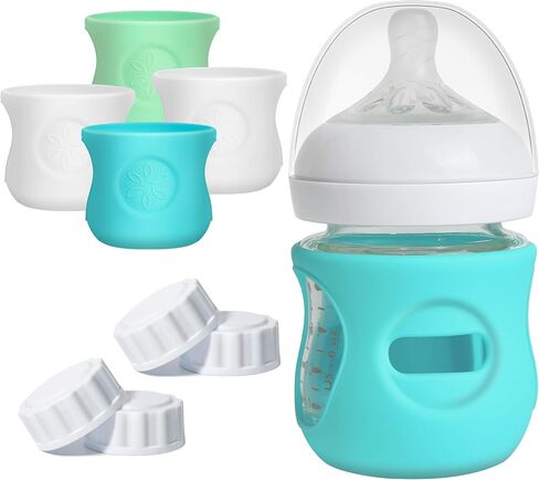 Joxodax 4 Pack Silicone Sleeves for Philips Avent Glass Bottle Food Grade Silicone Bottle Cover and 4pcs Travel Bottle Caps, Bottle Lids Replacement(for 8 oz Philips Avent Natural Glass) in Saudi Arabia