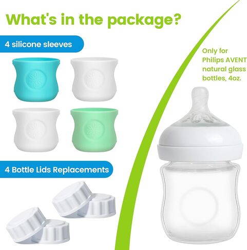 Joxodax 4 Pack Silicone Sleeves for Philips Avent Glass Bottle Food Grade Silicone Bottle Cover and 4pcs Travel Bottle Caps, Bottle Lids Replacement(for 8 oz Philips Avent Natural Glass) in Saudi Arabia