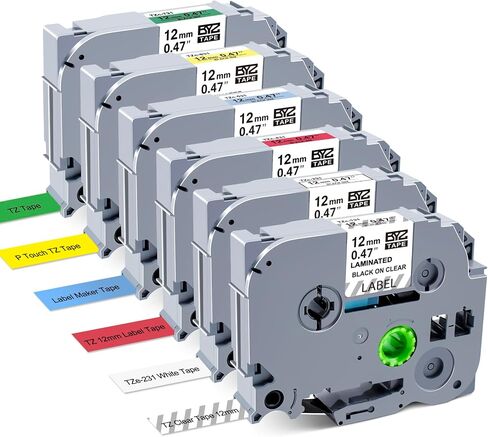 شريط ألوان BOYEEZON 6Pk PTD210 قابل لإعادة التعبئة TZ مقاس 12 مم 0.47 متوافق مع شريط Brother P Touch Label Maker TZe-231 131 431 531 631 731 أبيض/شفاف/أحمر/أزرق/أصفر/أخضر لـ PT-D210 H100 D600 in Saudi Arabia