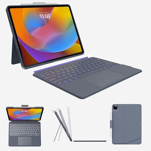 Case with Keyboard Compatible for iPad Pro 12.9-inch (6th, 5th, 4th Gen): Bluetooth Wireless Detachable Magnetic Stand Rechargeable Keyboard with Removable Cover with Trackpad, White Backlit (Purple) in Saudi Arabia