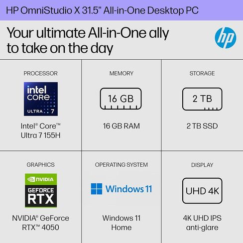 HP OmniStudio X 32 inch All-in-One Desktop PC, 4K UHD Display, Intel Core Ultra 7 155H, 16 GB RAM, 2 TB SSD, NVIDIA GeForce RTX 4050, Windows 11 Home, 32-c0010 in Saudi Arabia