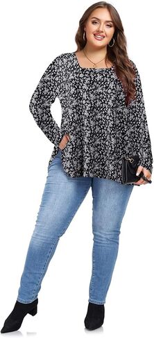 OVERWORETY Womens Plus Size T-Shirt Square Neck Puff Sleeve Loose Casual Tunic Tops in Kuwait