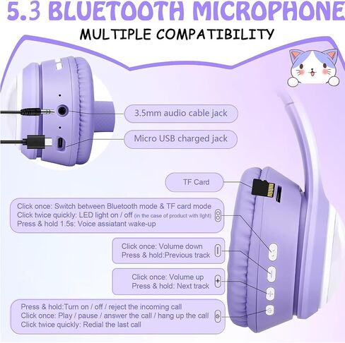 Wireless Cat Ear Headphones, Foldable On-Ear Stereo Wireless Headset,Over-The-Ear Gaming Bluetooth Headphones,HD mic,RGB Lighting,Bluetooth 5.3 Compatible with Smartphones PC Tablet in Saudi Arabia