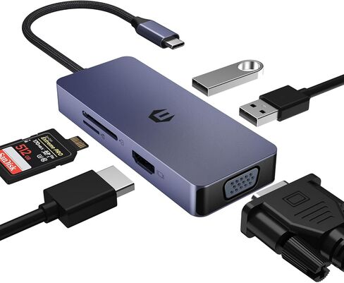 محول USB C متعدد المنافذ بـ 6 منافذ، محور USB C، شاشة ثلاثية USB C إلى HDMI، VGA، دونجل مع USB A، قارئ بطاقة SD/TF، ​​محور USB C متعدد المنافذ لأجهزة الكمبيوتر المحمول USB C والأجهزة الأخرى in Kuwait