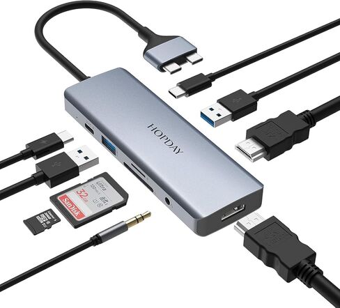 محطة إرساء USB C من HOPDAY - محور USB C 9 في 2 - دعم HDMI ثلاثي الأبعاد بدقة 4K، دونجل USB C لجهاز MacBook Pro/Air (100W PD، USB 3.0، قارئ بطاقة SD/TF، ​​صوت 3.5 مم) in Kuwait