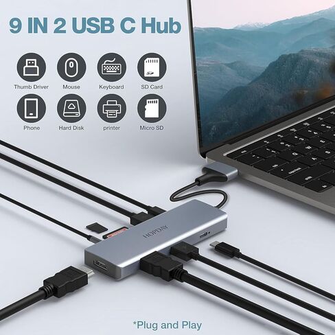 محطة إرساء USB C من HOPDAY - محور USB C 9 في 2 - دعم HDMI ثلاثي الأبعاد بدقة 4K، دونجل USB C لجهاز MacBook Pro/Air (100W PD، USB 3.0، قارئ بطاقة SD/TF، ​​صوت 3.5 مم) in Kuwait