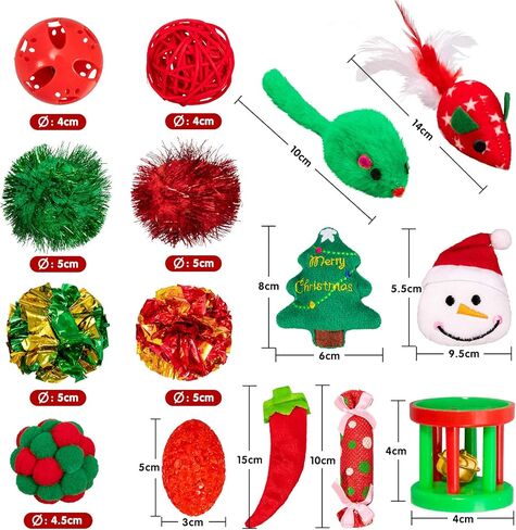 Whaline 17pcs عيد الميلاد القط اللعب تخزين القط عصا 7 القط اللعب كرات الرول بيل 2 الفئران أفخم ثلج أفخم الفلفل أفخم شجرة عيد الميلاد عيد الميلاد الحلوى الكريات لوازم التدريب للحيوانات الاليفة in Saudi Arabia