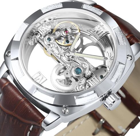 Caluxe Men Golden Bridge Skeleton Watch Automatic Mechanical Waterproof Calf Leather Strap in Kuwait